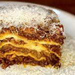 Homemade lasagna slice.